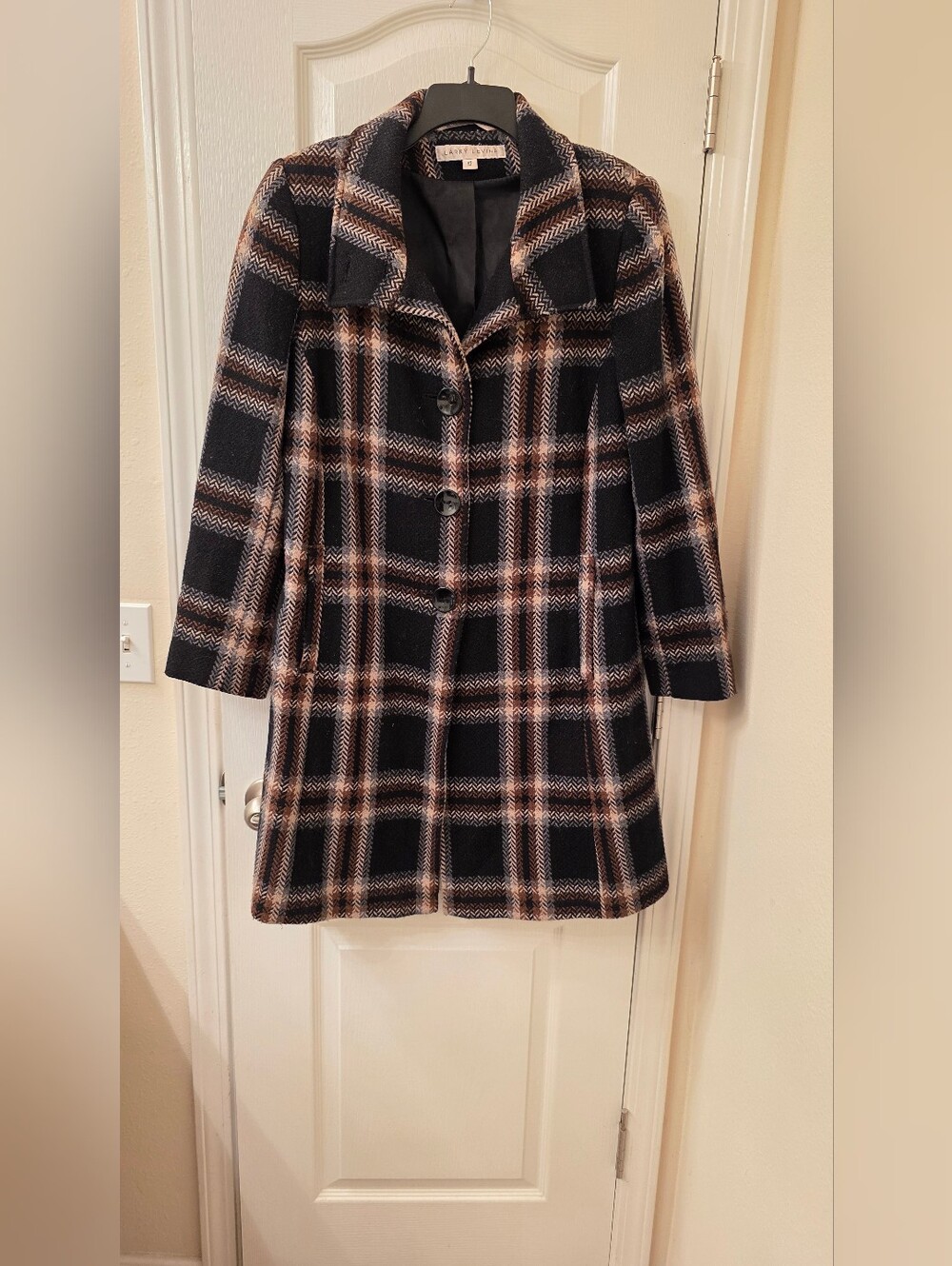 Women's Larry Levine Black and Tan Plaid Pea Coat